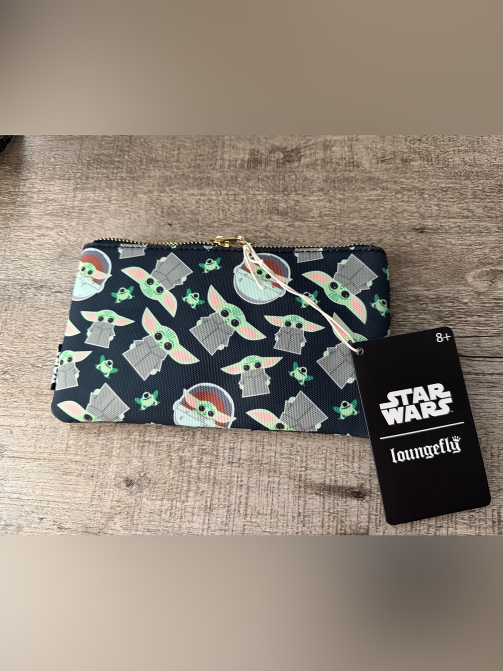 NWT Star Wars Loungefly Navy and Green Grogu Pattern Zip Wallet